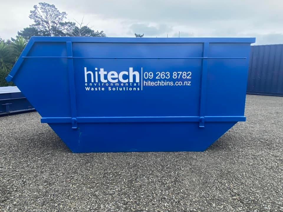 photo of a clean blue hitech disposals skip waste bin