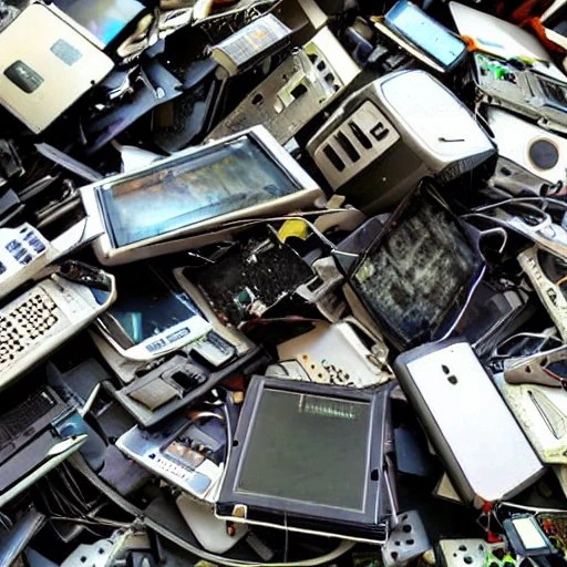 photo of a pile of old electronic waste including computers and monitors