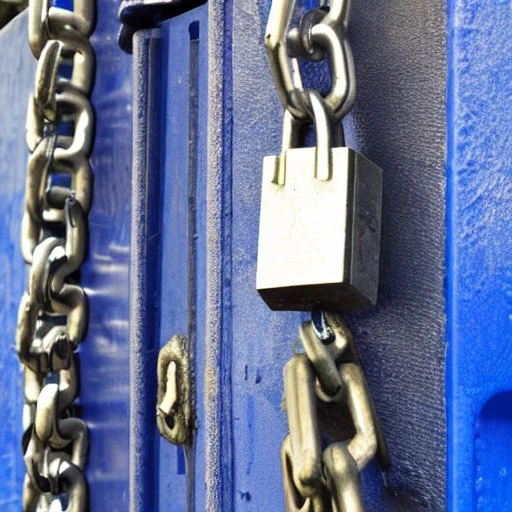 photo of a blue disposal bin locked by heavy padlock and chain