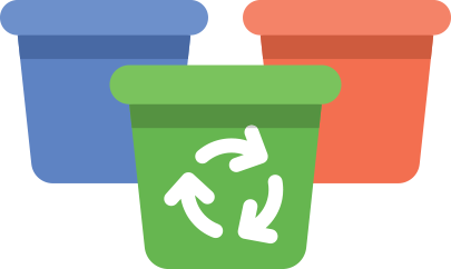 clipart of three waste bins coloured blue green and red