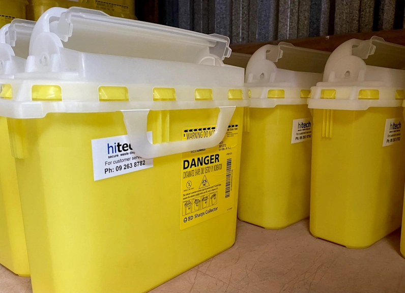 yellow hazardous medical waste boxes with hitech branding